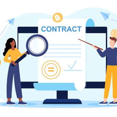 Signing of a business contract concept. A man and a woman are standing next to a large monitor and studying the details of the contract. An agreement between the partners. Flat vector illustration